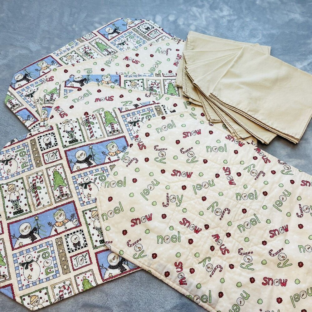 6 Holiday Christmas Placemats Reversible Snowmen Joy Noel Mats Napkins
